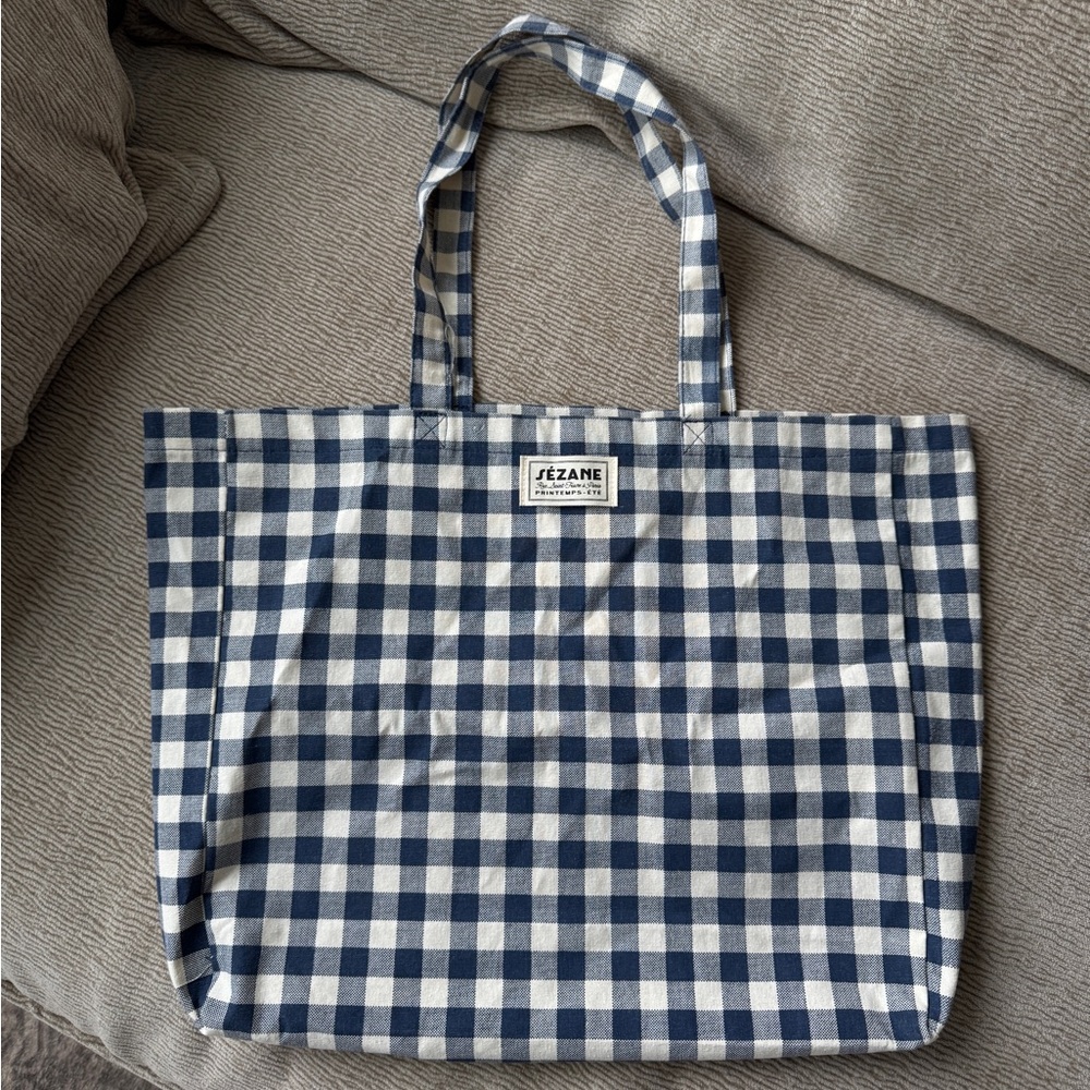 Sezane Blue and White Checkered Tote Bag